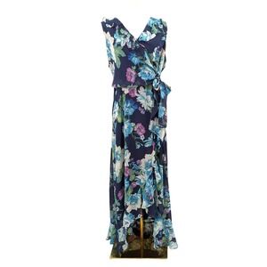 London Times Navy Floral Chiffon Wrap Style Maxi Dress Tie Waist Women's 18